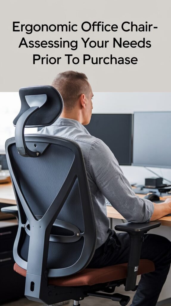 An individual thoughtfully evaluating their office chair needs, considering factors like lumbar support, seat height, and overall comfort. The image emphasizes the importance of personal comfort preferences and ergonomic requirements in selecting the perfect chair.