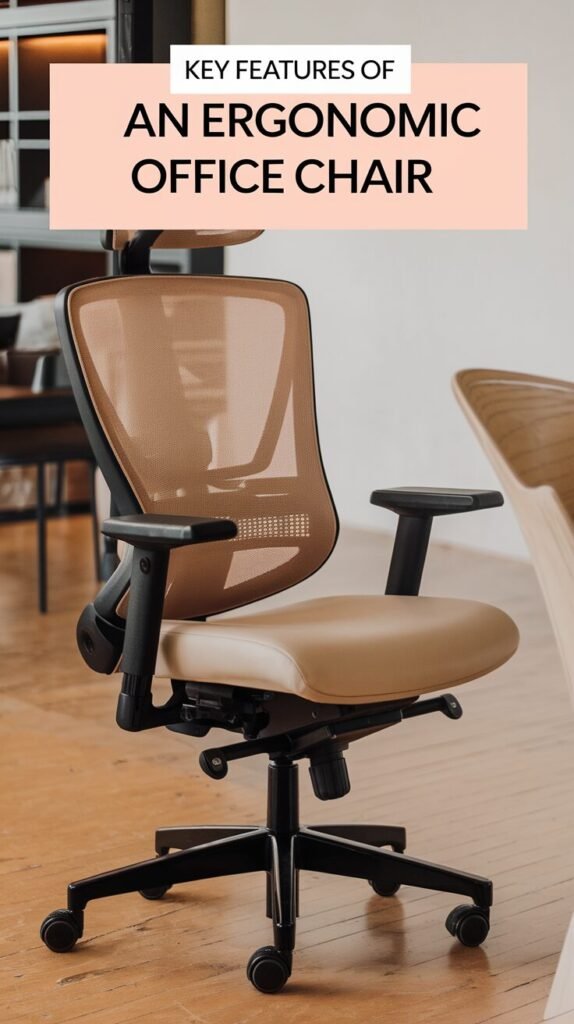 An ergonomic office chair highlighting key features: adjustable armrests, lumbar support, height and tilt adjustments, cushioned seat, and a breathable mesh backrest. The image shows a modern chair designed to enhance comfort and promote good posture in a workspace.